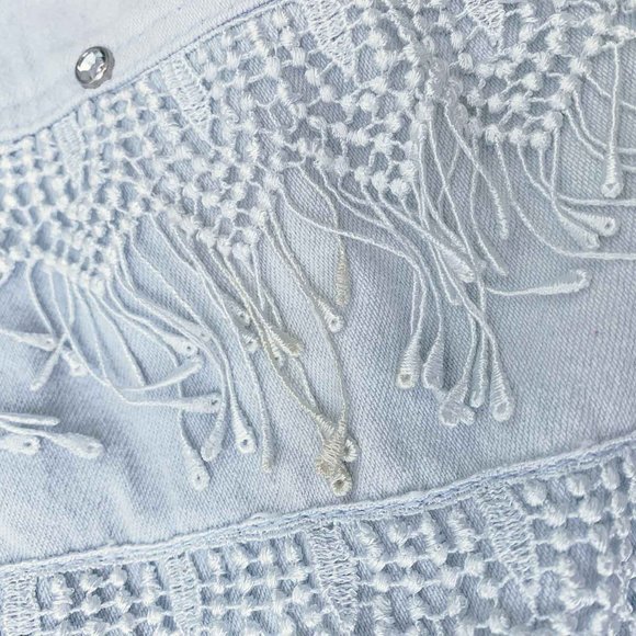 80s Rare Vintage Boho Denim Midi Knee Length Light Blue Jeans Skirt Dangling, M - Picture 9 of 9